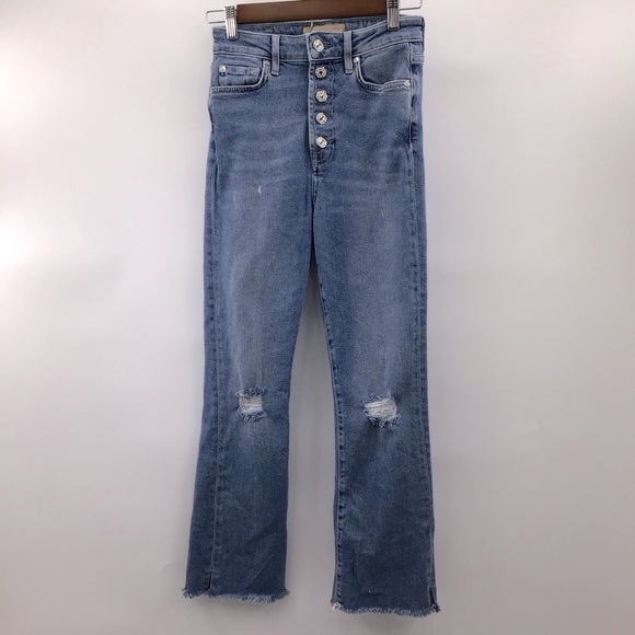 7 For All Mankind The Ultra High Rise Slim Kick Distressed Blue Cropped Jeans - Picture 2 of 14